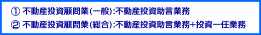 ①不動産投資顧問業(一般):不動産投資助言業務　②不動産投資顧問業(総合):不動産投資助言業務+投資一任業務