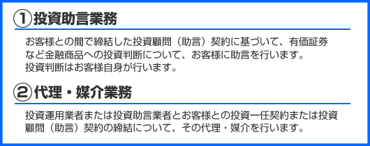 ①投資助言業務　お客様との間で締結した投資顧問(助言)契約に基づいて、有価証券など金融商品への投資判断について、お客様に助言を行います。投資判断はお客様自信が行います。②代理・媒介業務　投資運用業者または投資助言業者とお客様との投資一任契約または投資顧問(助言)契約の締結について、その代理・媒介を行います。