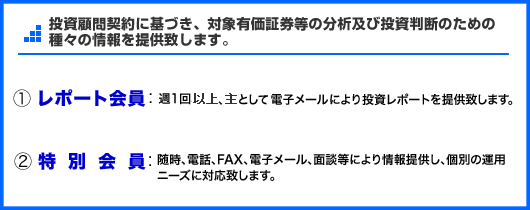 投資顧問契約に基づき、対象有価証券等の価値等の分析および投資判断のための種々の情報を提供いたします。①レポート会員：ファックス･電子メール等により定期的な情報提供を行います。②特別会員：お客様の資産の状況、運用ニーズ等に対応して、ファックス･電子メール･電話･面談等により随時、情報提供を行います。