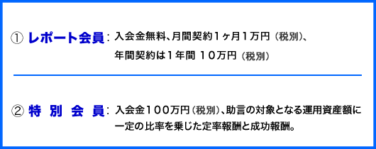 レポート会員：6ヶ月に2回、ファックス･電子メール等により情報提供します。入会金＝30万円(税別)、情報提供料＝30万円(税別、6ヶ月につき)  特別会員：随時、ファックス･電子メール･電話･面談等により情報提供し、個別の運用ニーズに対応いたします。入会金＝100万円(税別)、情報提供料＝100万円(税別、12ヶ月につき)  成功報酬：運用会社への代理･媒介業務を行った場合は、有価証券の売買差益から売買手数料･源泉税･消費税･信用取引金利等を控除した額に21％を乗じた金額を(消費税込)成功報酬として申し受けます。