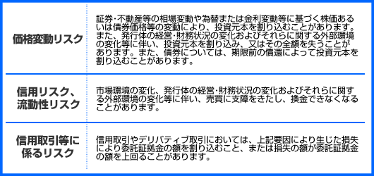 価格変動リスク：証券･不動産等の相場変動や為替または金利変動等に基づく株価あるいは債券価格等の変動により、投資元本を割り込むことがあります。また、発行体の経営･財務状況の変化およびそれらに関する外部環境の変化等に伴い、投資元本を割り込み、又はその全額を失うことがあります。また、債券については、期限前の償還によって投資元本を割り込むことがあります。信用リスク、流動性リスク：市場環境の変化、発行体の経営･財務状況の変化およびそれらに関する外部環境の変化等に伴い、売買に支障をきたし、換金できなくなることがあります。信用取引等に係るリスク：信用取引やデリバティブ取引においては、上記要因により生じた損失により委託証拠金の額を割り込むこと、または損失の額が委託証拠金の額を上回ることがあります。